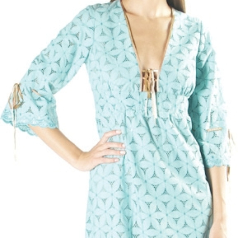 Floral cut-out empire waist aqua dress
